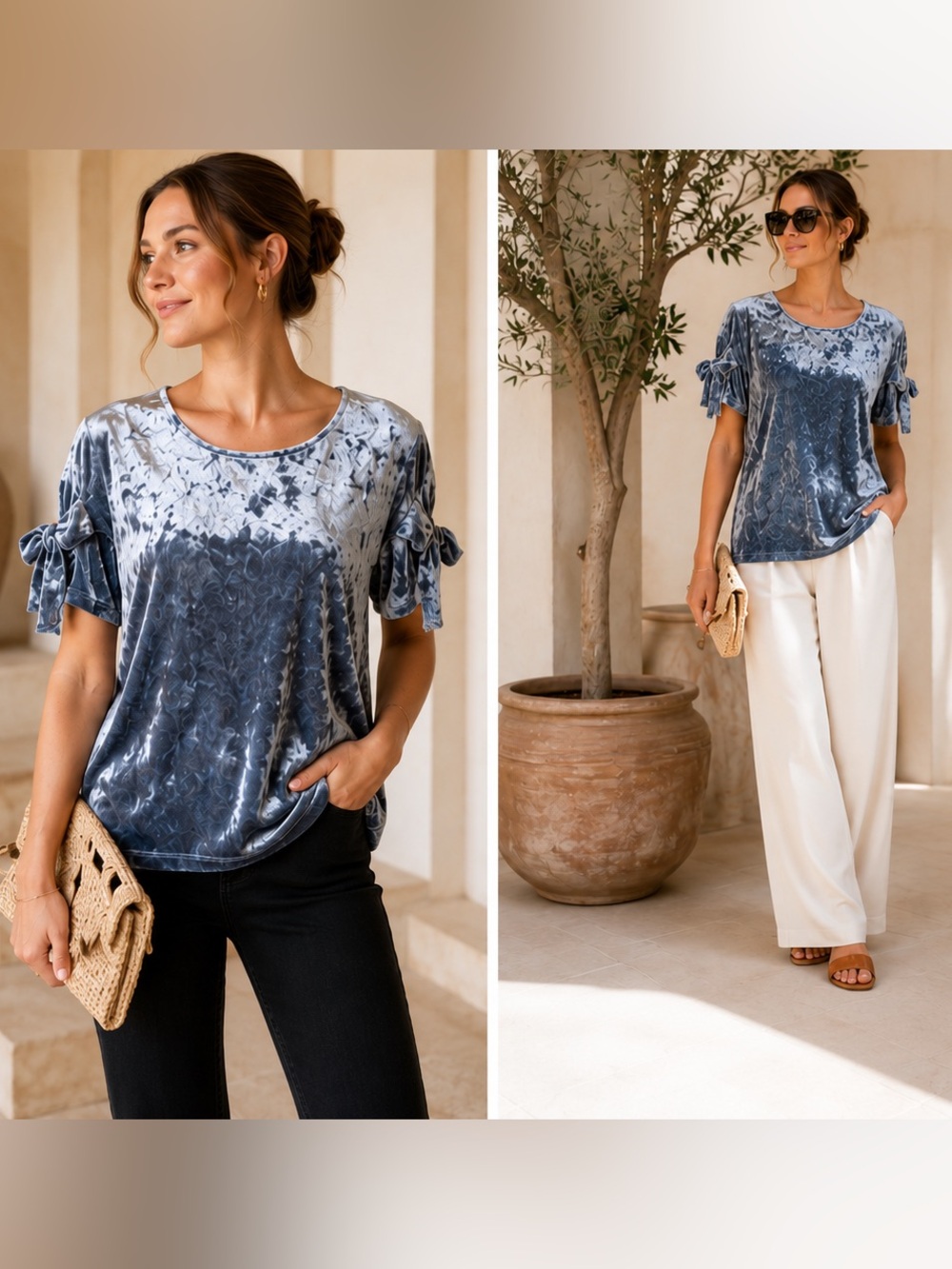 Pleione Blue Crushed Velvet Bow Sleeve Top Medium Quiet Luxury Blouse